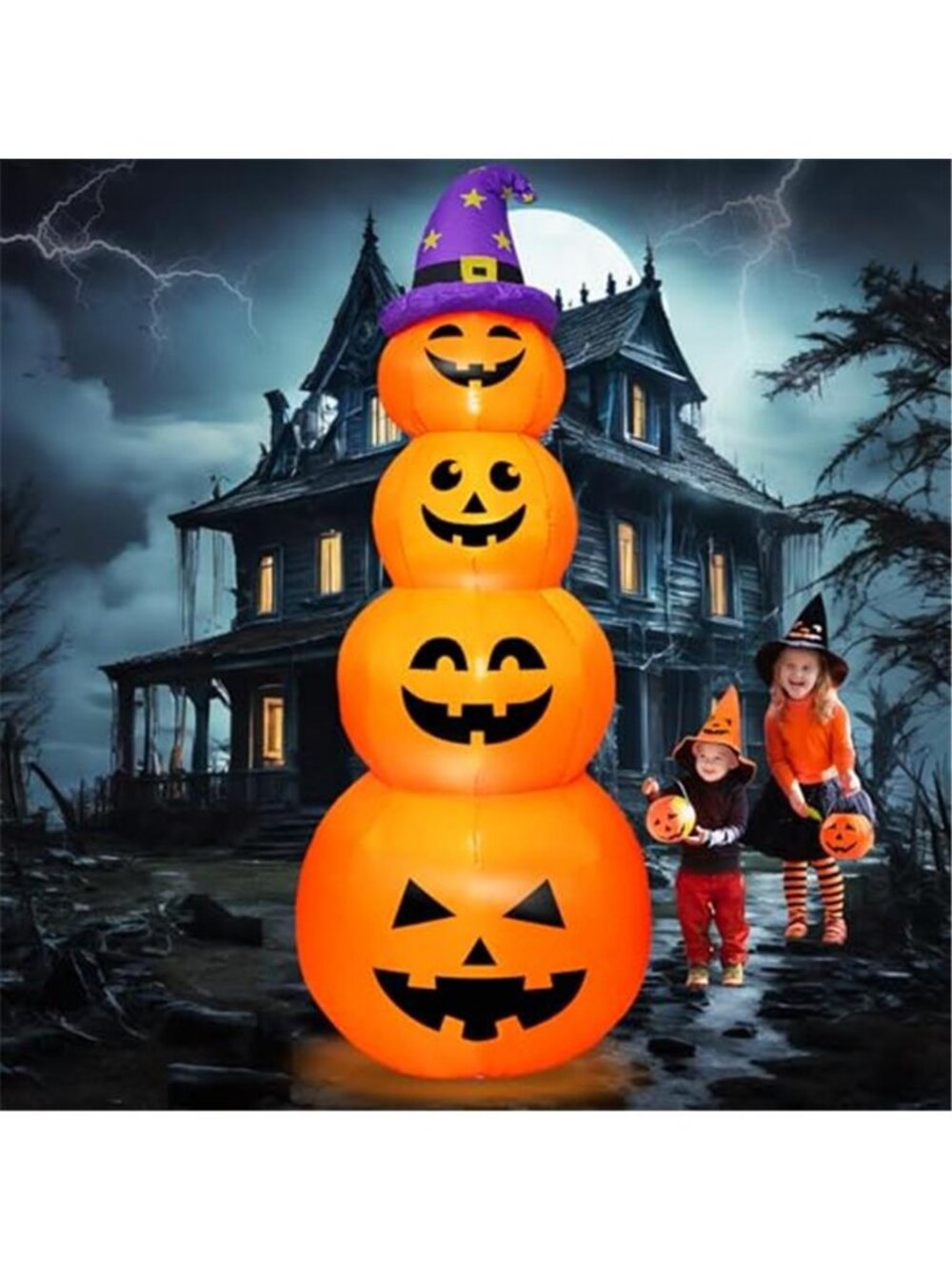 8FT H Halloween Inflatable Stacked Pumpkins with Witch’s Hat, Blow up 4